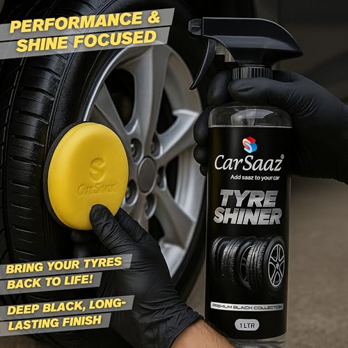 Image of CAR SAAZ Tyre Shiner (1L) with Applicator Pad and Microfiber Cloth | Car & Bike Tyre Polish & Dresser | Gives Instant Shine, Increases Life, Prevents Fading & Cracking | Long-Lasting Protection