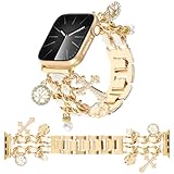 REALSIGN Stylish Metal Bands Compatible with Apple Watch Band 49/46/45/44/42mm Women,Cuban Chain with Cute Pendants Love Cross Charms for iWatch Series 10 9 8 7 6 5 4 SE Ultra 2 (A12-Gold White,49MM)