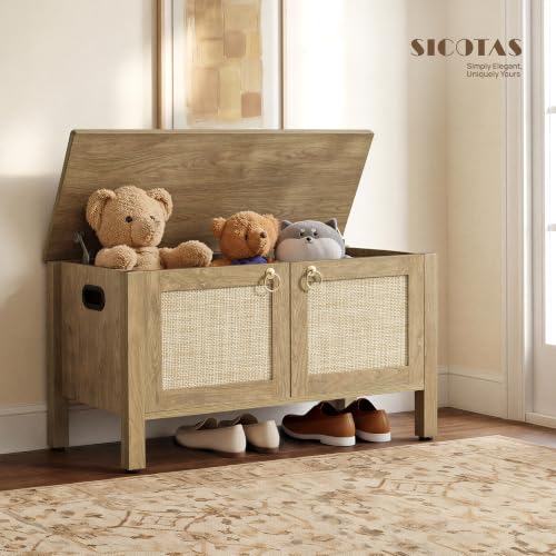 Image of SICOTAS Rattan Storage Bench Boho Storage Chest with 2 Safety Hinges | Wood Storage Truck Box for Bedroom, Living Room, Entryway, Supports 220 lb