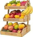 SINBDLAI Bamboo Fruit Basket, 3 Tier Fruit Basket for Kitchen Counter, Fruit Bowl for Kitchen Counter, Fruit and Vegetable Storage with 2 Banana Hangers