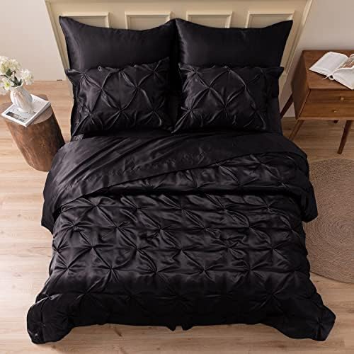 MR&HM Satin Comforter California King 8 Pieces - Luxurious Pinch Pleat Bedding Set with Comforter, Sheets, Bed Skirt, Pillowcases & Shams, Super Silky Soft Bed Set for All Season (CK, Black)