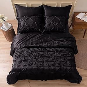 MR&HM Satin Comforter Queen 7 Pieces – Luxurious Pinch Pleat Bedding Set with Comforter, Flat Sheet, Fitted Sheet, Pillowcases & Shams, Super Silky Soft Bed Set for All Season (Queen, Black)