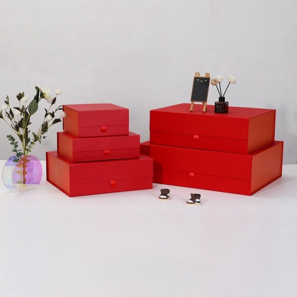 KdmNzoo Confezione regalo grande rossa, 3 pezzi, 48,5 x 40,5 x 15,3 cm, scatola regalo magnetica con coperchio, grande, per vacanze, matrimonio, compleanno, confezione regalo, include rafia e