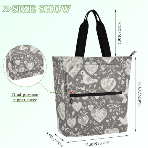 Decorative Kids Cute Tote Bags for Kids Adults, Grey and White Valentine Love Bird Waterproof Tote Bag Resuable Grocery Bag with Zipper for School Shopping Beach Rainbow para libros de lectura2