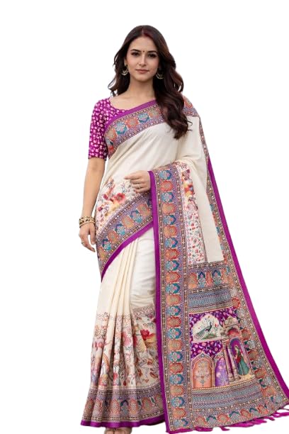 Women's Tussar Silk Saree with Blouse Piece Royal Mughal Palace & Peacock Digital Printed Sari with Tassels-image-13