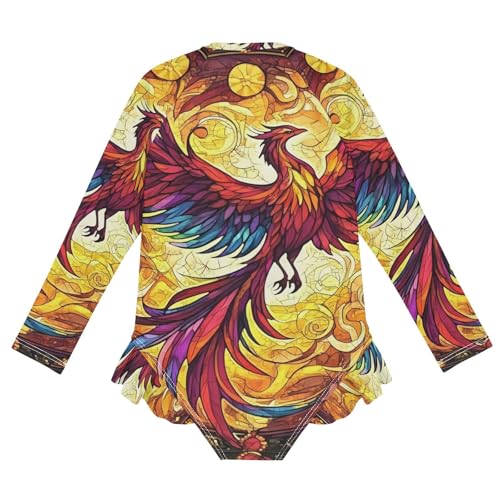 Girls One Piece Swimsuits Long Sleeve Swimsuit Zipper Bathing Suits Phoenix Fire Wing Rainbow Glass2