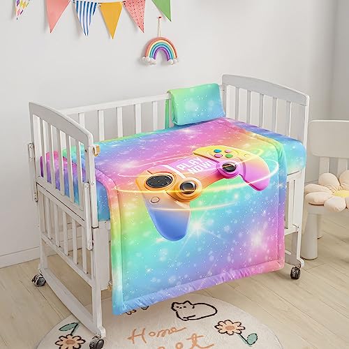 Image of Crib Bedding Set, 3-Piece Nursery Bedding with Comforter, Crib Sheet & Crib Skirt, Rainbow Gamepad Printed for Baby Boys and Girls
