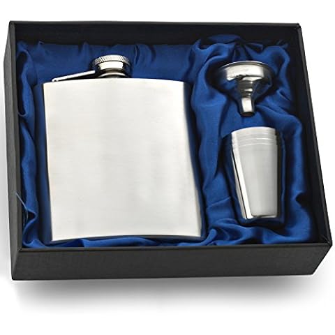 Charles Hendon Personalised Engraved 6oz Hip Flask Gift Set, with Funnel and Four Cups in Presentation Box - Genuine Cover