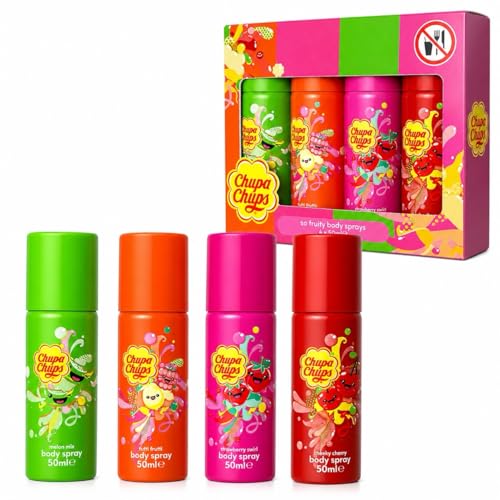 Chupa Chups Body Spray Gift Set for Girls Teens Sweet Fruity Scent Deodorant Mist Tutti Frutti Cheeky Cherry Melon Mix Strawberry Swirl (4 x 50ml)