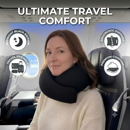 Image of FlyHugz Neck Travel Pillow Memory Foam Neck Pillow for Comfort on Airplane Compact and Ergonomic Design for Travel, Car Rides, and Home Use Ideal for Adults and Kids. (Midnight Black)