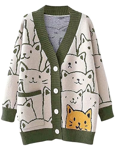 Wyeysyt Cat Sweater for Women Casual Button Down V Neck Cable Knit Cardigan Cute Kawaii Cartoon Cardigan Coat