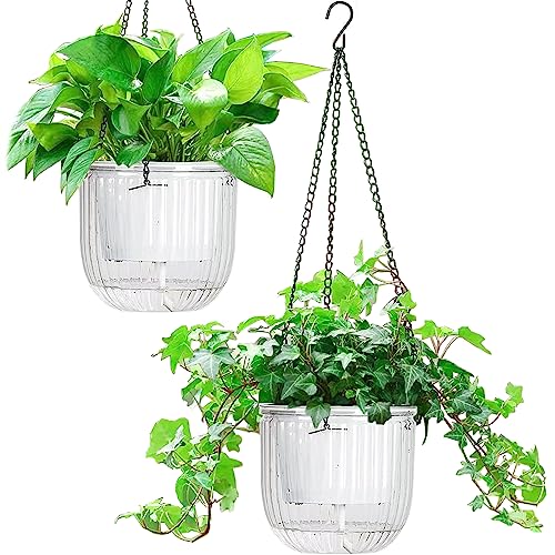Melphoe 2 Pack Self Watering Hanging Planters Indoor Hanging Flower Pots, 6.5 Inch Outdoor Hanging Plant Pot Basket, Plant Hanger with 3Hooks Drainage Holes for Garden Home