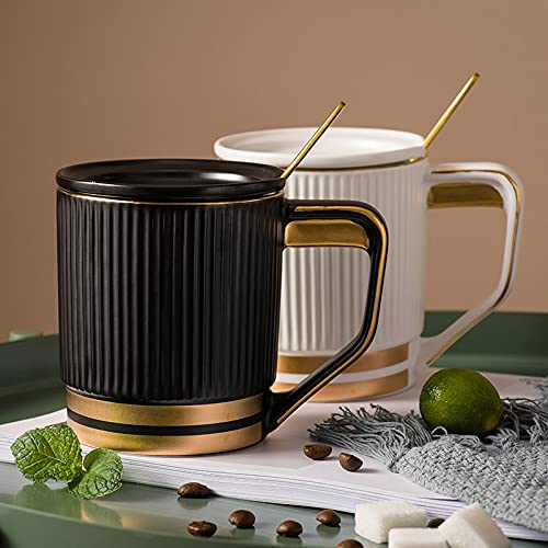 Caneca de café de cerâmica europeia com tampa e colher conjunto moda simples listrado caneca de leit