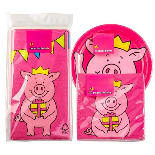 Vajilla de papel rosa Percy Pig M&S set de platos servilletas y mantel para fiesta infantil