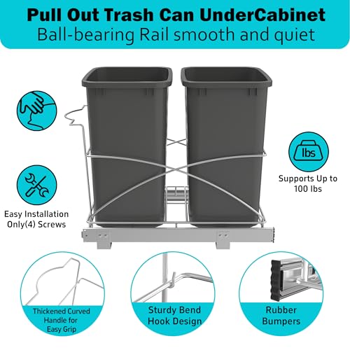 Image of Pull Out Trash Can Under Cabinet 35QT Capacity 14 inch Wx22 D, Gray
