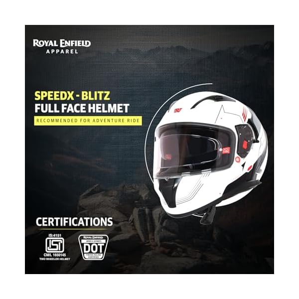 Royal Enfield SPEEDX Full FACE Blitz with Sun Visor & aerodynamic Spoiler | Certification: ISI & DOT | Liner: Dual EPS Expanded Polystyrene| UV Treated Surface | Polygiene Fabric Off-White (M) 58 CM