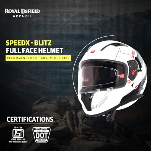 Image of Royal Enfield SPEEDX Full FACE Blitz with Sun Visor & aerodynamic Spoiler | Certification: ISI & DOT | Liner: Dual EPS Expanded Polystyrene| UV Treated Surface | Polygiene Fabric Off-White (M) 58 CM