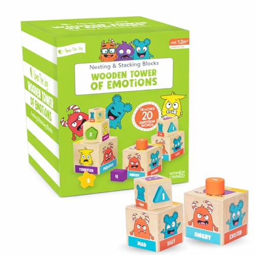 Image of Open The Joy Wooden Tower of Emotions - Stacking Emotional Learning Toy for Toddlers | 5 Emotion Face Blocks + 5 Shape Sorting Blocks | Montessori Toy for Early Development | Ages 12 Months+