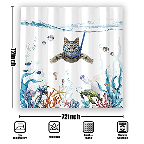Fowocu Funny Cat Shower Curtain Set Teal Blue Sea Ocean Waterproof Fabric Curtains With Animal Octopus Starfish Turtle Anchor Fish Nautical Bathroom Decor (Blue, 72''×72'') #TOP5