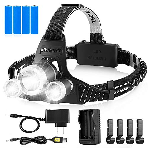Rechargeable Headlamp, Super Bright LED Headlamp Flashlight with 4 Modes and 4 High Capacity Batteries, Waterproof Headlamps with White Light for Running, Camping, Car Repair, Hard Hat Workers
