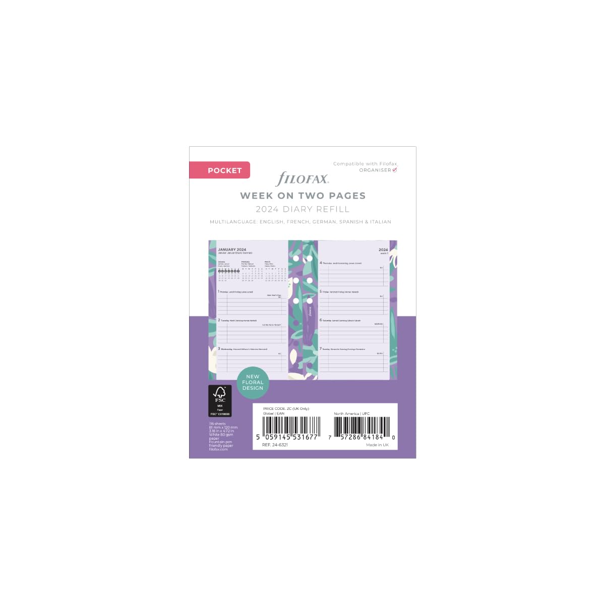 Filofax Pocket Illustrated Floral Week on 2 Pages 2022 Diary Pack