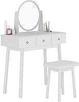 Vista 3 de SogesHome Juego de mesa de tocador con espejo móvil y taburete acolchado, escritorio de maquillaje con 3 cajones, tocador blanco clásico