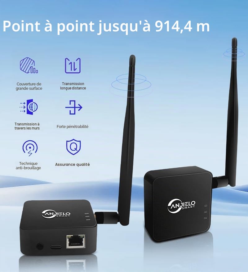 Pont WiFi sans fil 2,4 GHz point à point (portée de 1 km) – Idéal pour les connexions PtP/PtMP avec antenne à gain élevé, adaptateur de type C, 2 ports Ethernet RJ45 (noir)