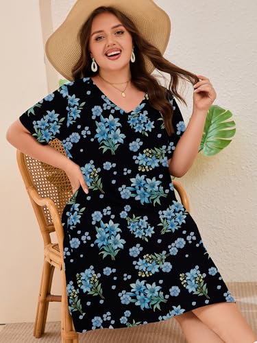 Image of AusLook Plus Size Midi Dress for Women Loose V Neck Short Sleeve Summer Casual A Line T Shirt Sundresses with Pockets 1X-5X