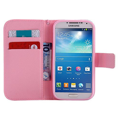 S4 Case,Galaxy I9500 Case Leecoco Fancy Paint Floral Design Case [Credit Cards Slot] [Cash Pockets] Pu Leather Flip Wallet Case With Stand For Samsung Galaxy S4 I9500,Pink Cat #TOP3