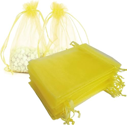 Miniatura 1 de Bolsas de regalo de organza de 5 x 7 pulgadas con cordón para joyas, dulces, juego de 50 sobres amarillos, bolsas de almacenamiento de malla de tela