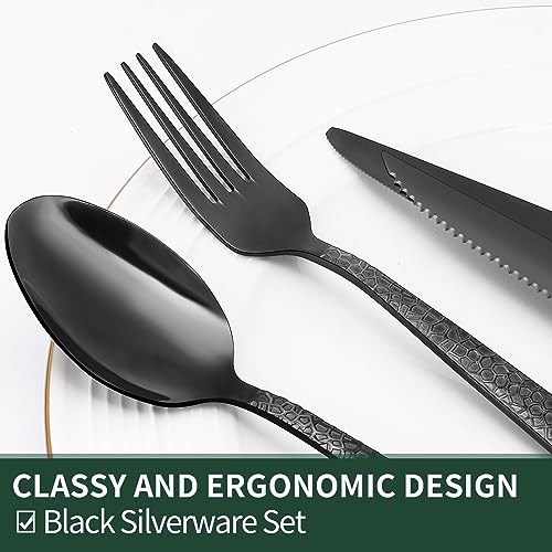 Image of EWFEN 24-Piece Black Silverware Set with Steak Knives, Black Flatware Set for 4, Food-Grade Stainless Steel Tableware Cutlery Set, Mirror Finished Utensil Sets for Home Restaurant, Hammered Edge