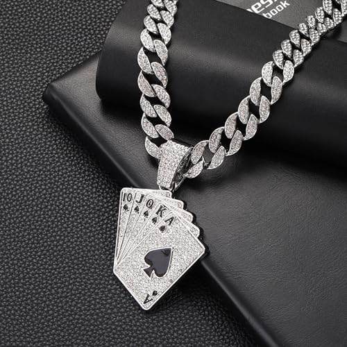 Playing card Hip-hop Cuban Chain, Pendant Miami Cuban Link Chain for Men, Gold/Silver Plated Diamond Necklace, Iced Out Hip Hop Necklace4