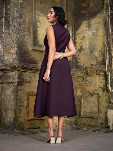 Image of PURVAJA Women's Pleated Knee Length Sleeveless Mandarin Collar Solid Dress