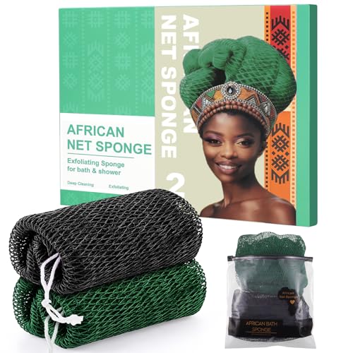 Lanjue 2PCS African Net Sponge African Exfoliating Net Bath Sponge Authentic Body Back Scrubber & Wash Cloth Long Stretch Nylon Mesh Shower Towel Dead Skin Remover for Men Women 30100 CM