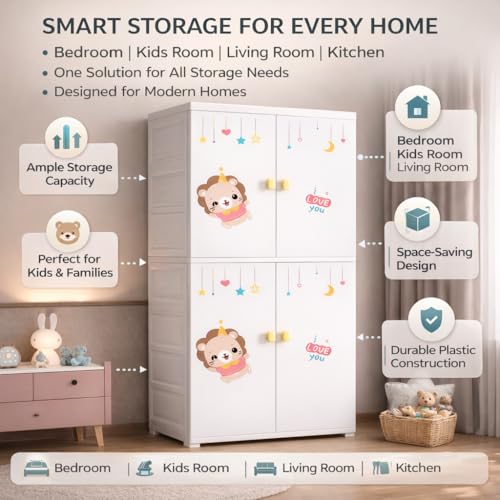 Image of AYSIS Kids Plastic Collapsible Wardrobe Organizer for Storage with Drawers | Cute Cartoon Design | Heavy Duty Cloth Organizer for Storage | Easy to Assemble | Perfect for Kids Room & Home | White