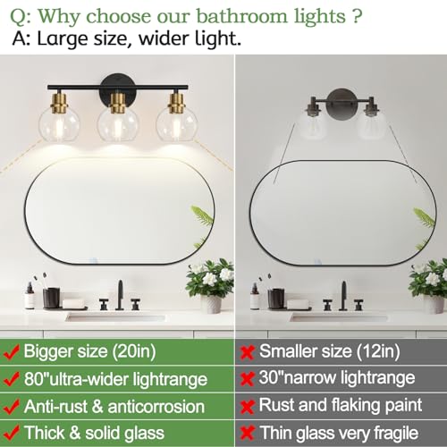 Image of Indoi 3-Light Bathroom Light Fixtures, Black and Gold Bathroom Lights Over Mirror with Clear Glass Globe Shade, Vanity Lights for Bathroom Kitchen Living Room Hallway Cabinet Bedroom Porch