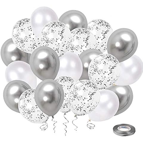 White Silver Confetti Latex Balloons, 50 Pack 12inch Silver Metallic Chrome Party Balloon Set with Silver Ribbon for Wedding Birthday Baby Shower Decorations Cover