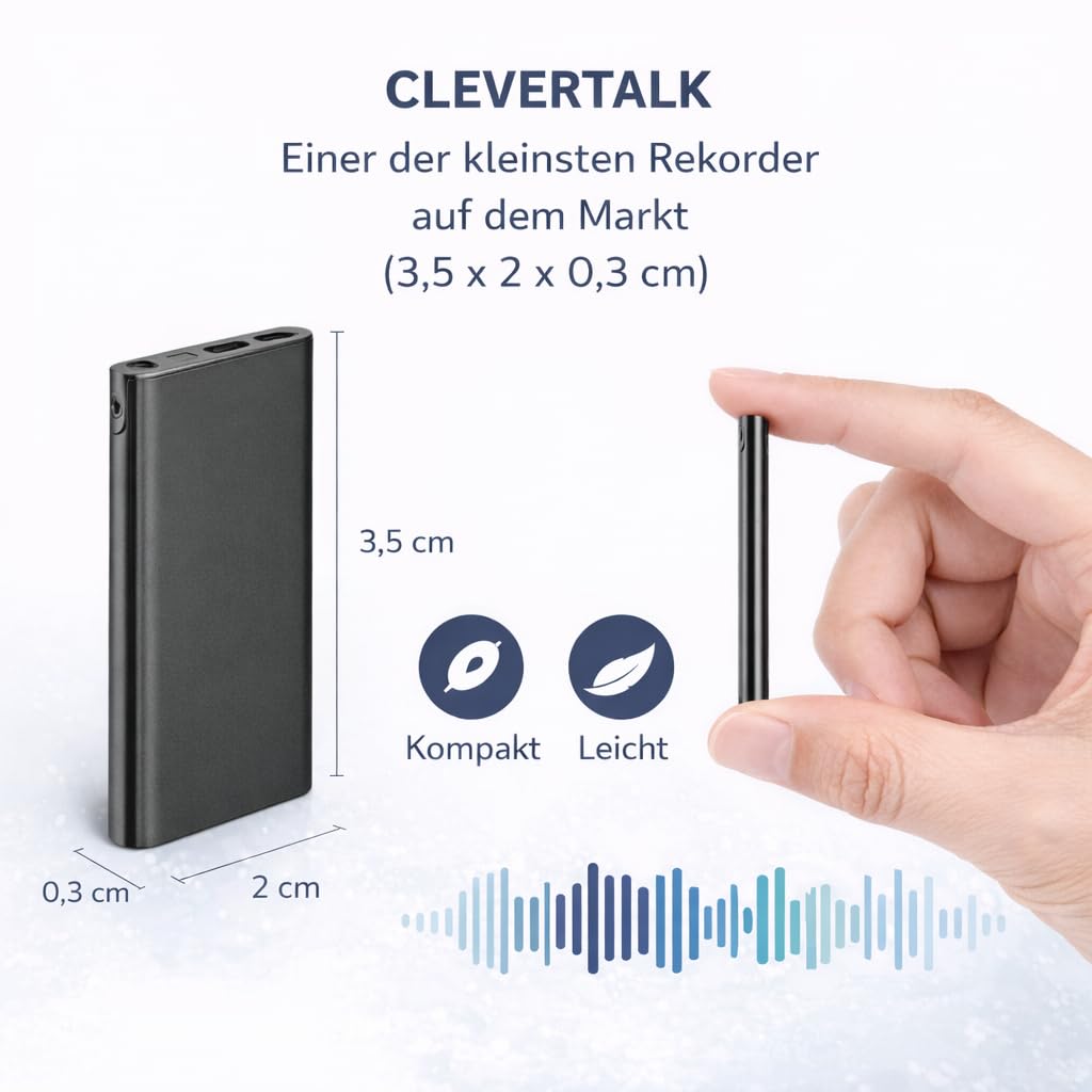 CleverTalk Q1 KI-Sprachrekorder | Sprachaktiviert | Mobile App, Mac, Windows und Web | Europäische Cloud DSGVO | 64GB | HD-Audio 1536kbps | USB-C