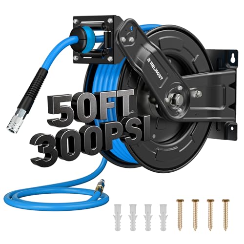 Relhost Retractable Air Hose Reel, 50 ft x 3/8 in Hybrid Air Hose Max 300PSI, Heavy Duty Air...