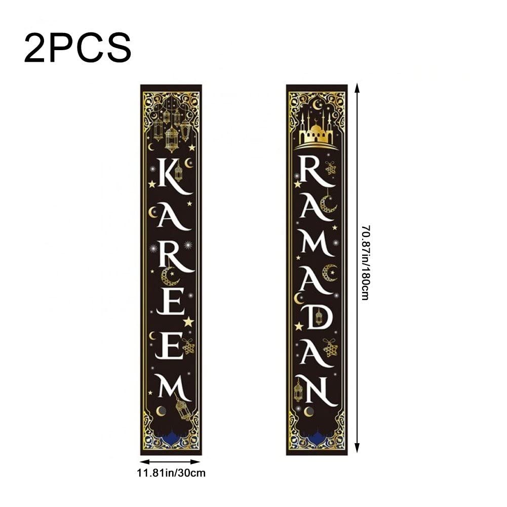 2 In-1 Ramadan Eid Mubarak Door Banner with Lights, Black Gold Ramadan and Eid Decorations for Home, Ramadan Door Banner Ramadan Decorations for Home, Eid Mubarak Decorations Lights