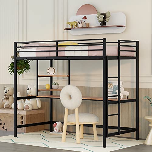 Cama Alta Con Escritorio - Metal + MDF (90x200cm) - Negro - 120kg Capacidad