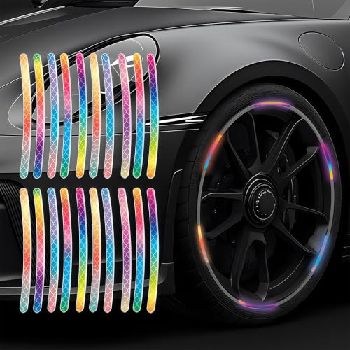 Image of Maicican Rainbow Reflective Stripe Car Wheel Stickers, 20 Pcs - Night Safety Warning, Anti-Scratch, Universal