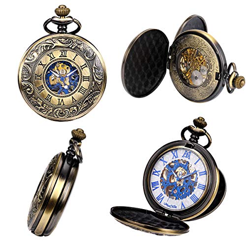 Image of ManChDa Mechanical Roman Numerals Dial Skeleton Pocket Watches with Box and Chains for Mens Women