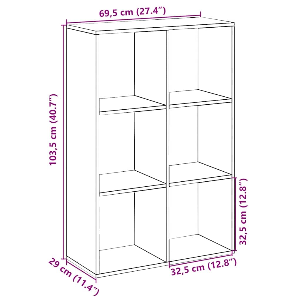 Raumteiler-Bücherregal Artisan-Eiche Holzwerkstoff 69,5x29x103,5 cm 6 Fächer Standregal mit Stauraum für Wohnzimmer Schlafzimmer Büro vielseitig nutzbar