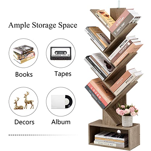 Hoctieon 6 Tier Tree Bookshelf, 6 Shelf Bookcase With Drawer, Modern Book Storage, Utility Organizer Shelves For Home Office, Living Room, Bedroom, Greige #TOP7