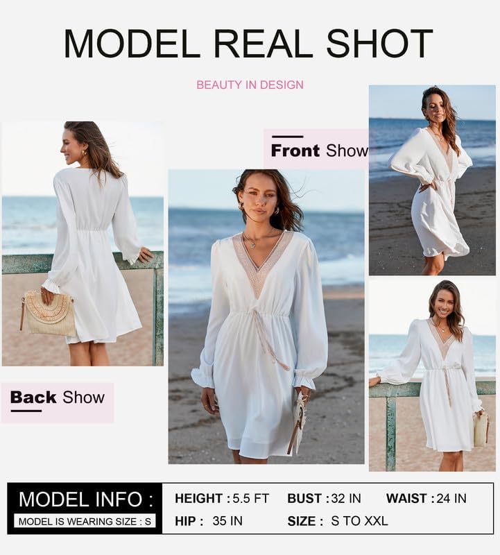 Dokotoo Womens V Neck Dresses Lantern Long Sleeve Lace Trim Midi Dress Tassel Belt Shirt Dress - Image 2