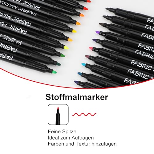 Pamaker 20 Textilstifte – Waschmaschinenfest und Permanent für T-Shirts, Stofftaschen, Schuhe und mehr – Ungiftig, ideal für Kinder und Erwachsene