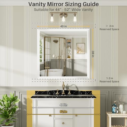 40x38 Inch White Bathroom Mirror for Wall, Thick Metal Framed Rectangle Mirrors for Over Sink, Bedroom, Living Room, Entryway, Anti-Rust, HD Tempered Glass