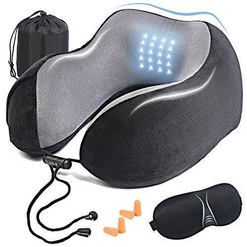 flintronic Almohada de Viaje Viscoelástica de Espuma, Almohada Cervical Cojin Almohada Ortopédica Cervica para Avión Tren Coche Viajando con Máscara y Cordón Tapones para Los Oídos - Negro