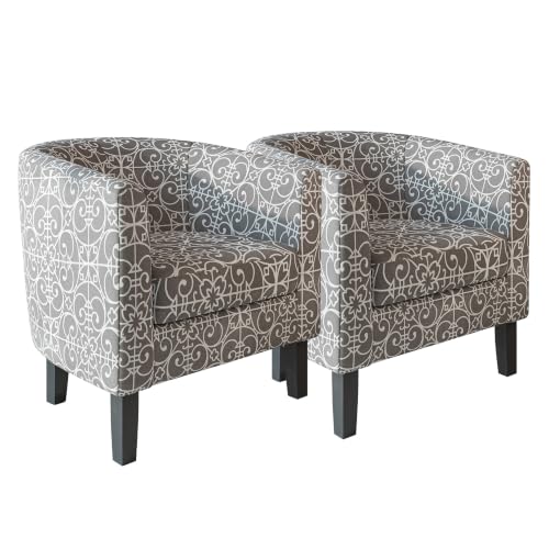 Image of BELLEZE Accent Barrel Chair Set of 2, Linen Round Chair Club Tub Sofa Corner Chair with Flared Legs and Cozy Soft Padding for Living Room Bedroom Waiting Room - White & Gray
